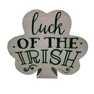 Luck Of The Irish Wooden Shamrock Block Decoration white green 5.5x5" READ